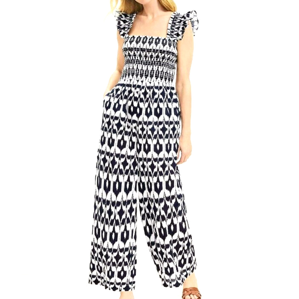 LOFT NWT Women's Small Navy White Ikat Smocked Ruffle Wide Leg Jumpsuit Beach